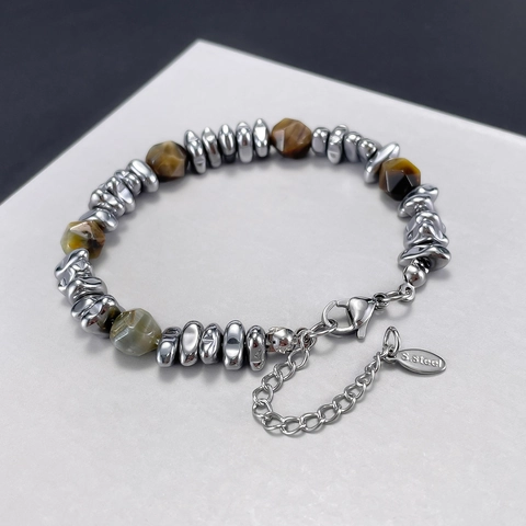 Pulsera De Cuentas De Acero Inoxidable Piedra De Ojo De Tigre Natural Ajustable Joyería De Moda Geométrica Para Hombres Y Mujeres