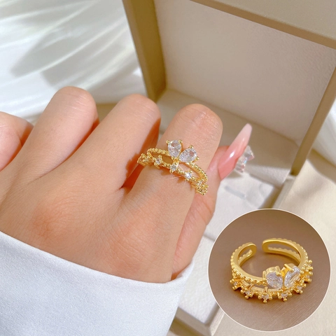 Elegante Messing Vergulde Kroon Vlinder Zirkoon Verstelbare Open Ring Voor Dames Minimalistische Sieraden