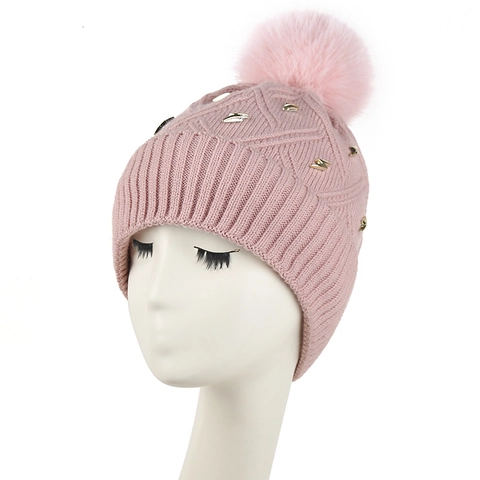 Berretto In Maglia Da Donna Con Pompon In Pelliccia Sintetica Foderato In Pile Caldo Inverno Borchie Fulmine