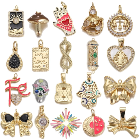 Sun Moon Skull Hamsa Hand Butterfly Infinity Pendants Enamel Copper 18K Gold Plated Zircon DIY Jewelry Making Accessories