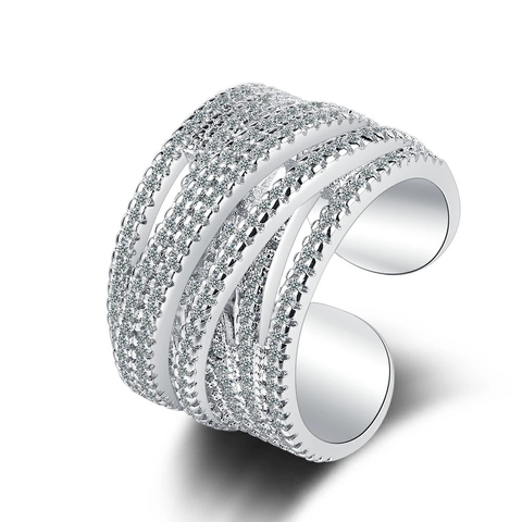 Wide Band Wavy Multi-layer Copper Ring For Women Zircon Inlaid Adjustable Open Knuckle Finger Jewelry Fashion