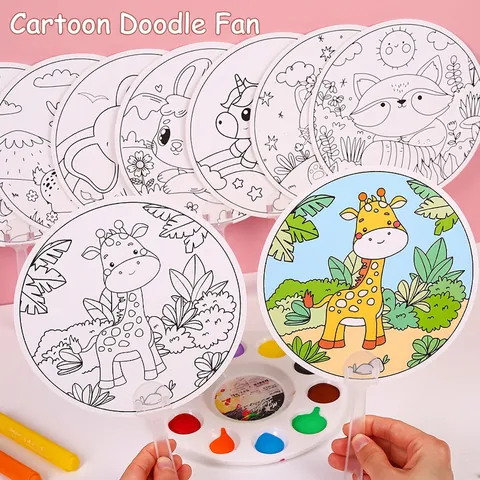DIY Coloring Painting Hand Fan Cartoon Animal Outline Cardboard Paper Plastic Handle Creative Craft Kids Educational Hobby Toy