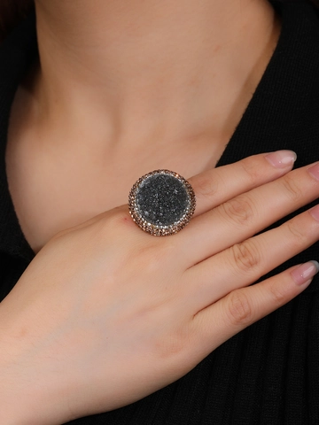 Statement Ring Natural Agate Druzy Round Disc Alloy Rhinestone Inlaid Open Adjustable Vintage Bohemian Jewelry For Women