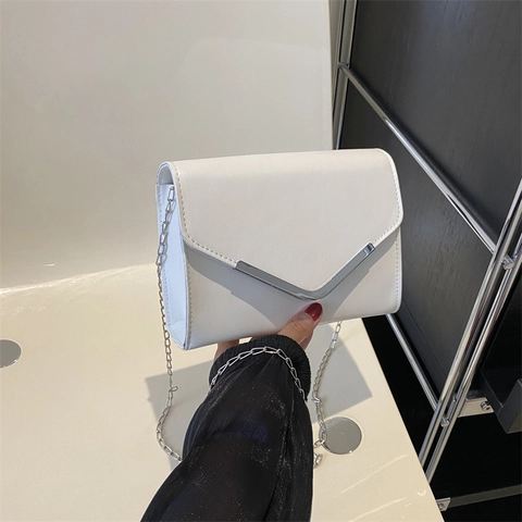 Women Shoulder Crossbody Bag PU Leather V-Shaped Metal Trim Silver Chain Strap Square Envelope Daily Fashion Minimalist