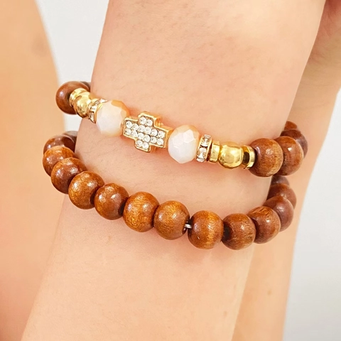 Vintage Wood Beaded Bracelet Combination Gold Plated Alloy Cross Hamsa Hand Evil Eye Rhinestone Elastic Bead Hand Chain Jewelry