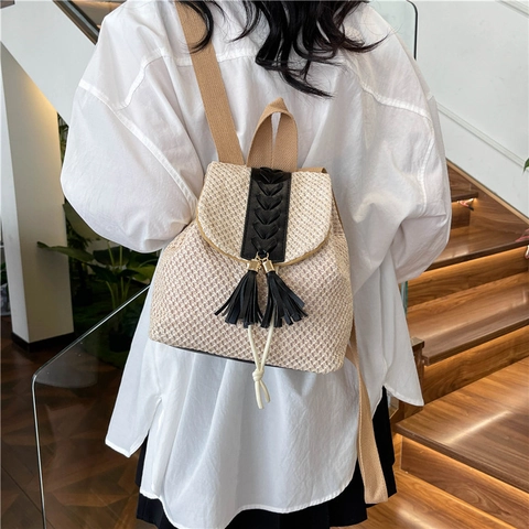 Mode Stroh Gewebter Rucksack Für Damen Quaste Kordelzug Sommer Strand Urlaub Casual Eimer Umhängetasche PU Leder