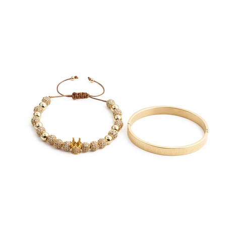 Pulsera Con Dije De Corona Y Brazalete Con Números Romanos Tono Dorado Cobre Acero Inoxidable Circón Ajustable Joyas