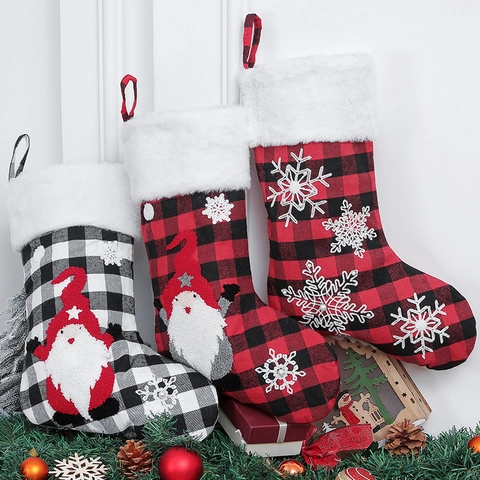 Large Christmas Stocking Plaid Cloth Faux Fur Plush Rudolph Gnome Snowflake Embroidered Holiday Fireplace Decor