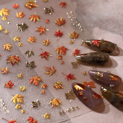 5D Embossed Maple Leaf Nail Stickers With Chinese Calligraphy For Women Autumn Vintage Gold Stamping Nail Art Decoration