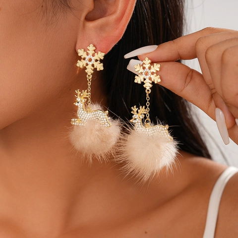 Pendientes De Copo De Nieve Reno Pompón Aleación Rhinestone Navidad Para Mujer Con Poste De Pendiente De Plata 925