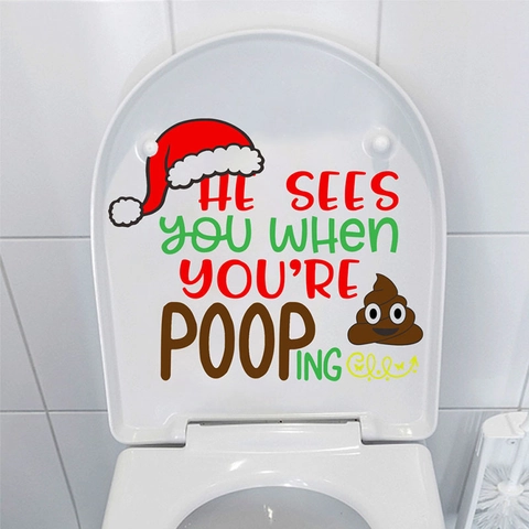 Divertente Adesivo per Gabinetto di Natale PVC Rimovibile Impermeabile Decorazione Bagno He Sees You When You Are Pooping