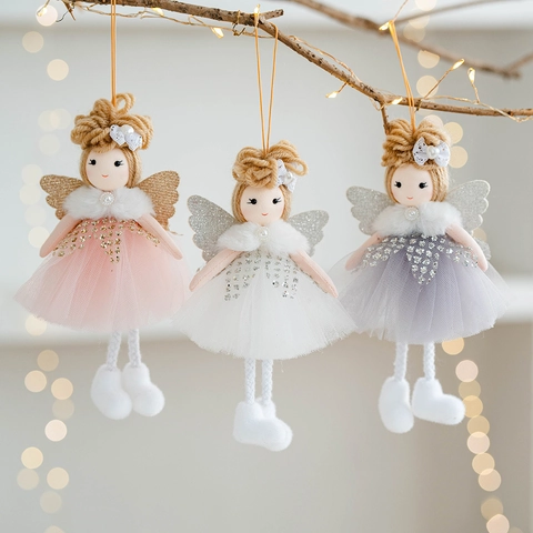 Christmas Angel Girl Plush Hanging Ornament Mesh Tulle Sequin Wings Faux Fur Collar Yarn Hair Decorative Doll For Home Tree