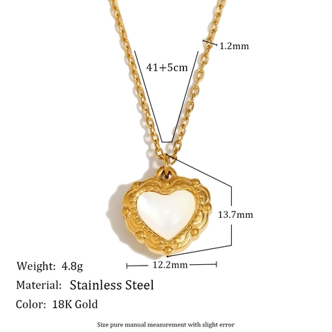 Collana a Cuore in Acciaio Inossidabile Vintage Placcato Oro Con Intarsio di Conchiglia per Donna Elegante Ciondolo a Cuore