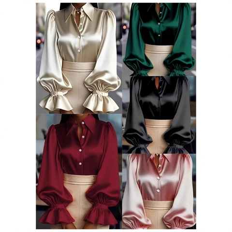 Elegant Satin Long Sleeve Blouse Women Lapel Button Up Shirt Puff Lantern Sleeve Ruffle Cuff Solid Color Top Office Lady
