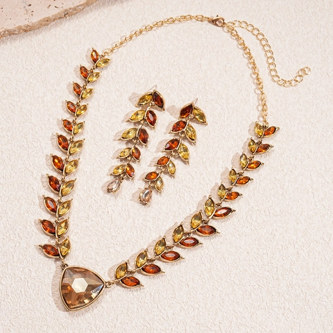 Vintage Palace Rhinestone Leaf Wheat Ear Necklace And Earrings With Silver Earring Post Alloy Crystal Jewelry For Women