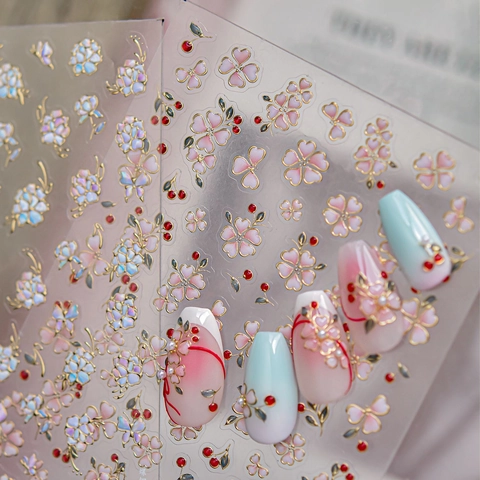 3D Relief Nail Art Stickers Embossed Floral Peony Butterfly Decals Gold Edging Mother Of Artificial Pearl Texture Manicure Decor