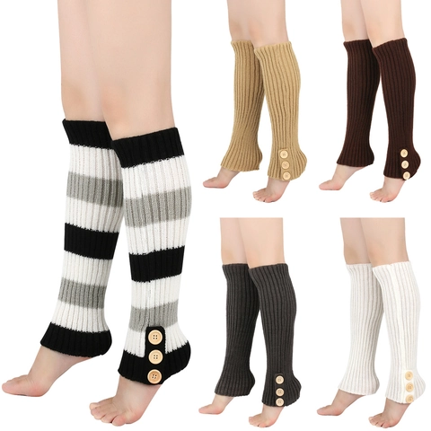 Knitted Leg Warmers Acrylic Ribbed Wooden Button Decor Boot Cuffs Striped Soft Warm Long Socks Women