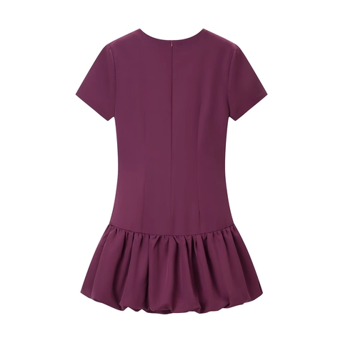 Women Round Neck Short Sleeve Mini Dress Ruched Side Bubble Hem Solid Burgundy Polyester Fashion Elegant