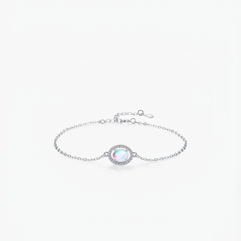 Pulsera De Piedra De Luna Plata De Ley 925 Ajustable Oval Circonia Joyería Elegante Para Mujer
