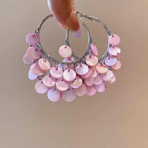 Pendientes Aro Flecos Capas Concha Rosa Con Poste Plata Cobre Geométrico Bohemio Joyería Vacaciones Para Mujer