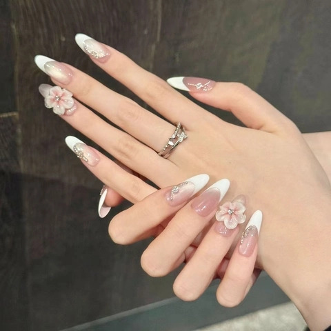 3D Blume Katzenauge Künstliche Nägel ABS Kunststoff Französische Spitze Mandelform Künstliche Perle Strass Elegant Süß Damen
