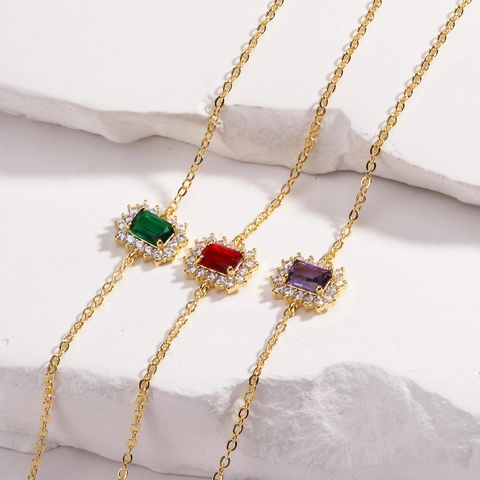 Elegant Rectangular Zircon Bracelet Gold Plated Copper Micro Pave Adjustable Thin Chain Petite Luxury Jewelry For Women