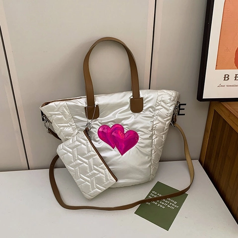 Borsa Tote Imbottita Da Donna Grande Capacità Pelle PU Metallizzata Decorazione A Cuore Borsa A Spalla E Piccola Pochette Casual Sweet Trendy