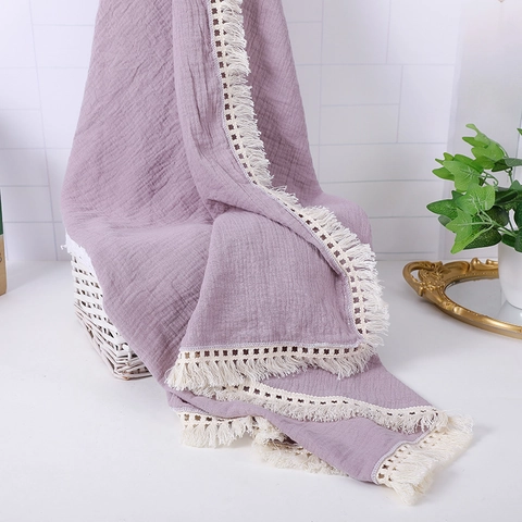 Baby Swaddle Blanket Muslin Cotton Lace Tassel Edge Breathable Crinkled Texture Soft Infant Nursing Wrap Towel