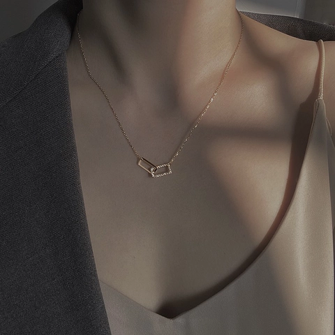 Interlocking Rectangle Pendant Necklace 925 Sterling Silver Cubic Zirconia Minimalist Geometric Clavicle Chain For Women