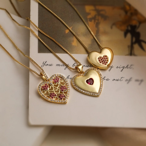 Herz Anhänger Halskette Kupfer 18K Vergoldet Zirkonia Herzförmiger Roter Edelstein Eleganter Schmuck Für Frauen