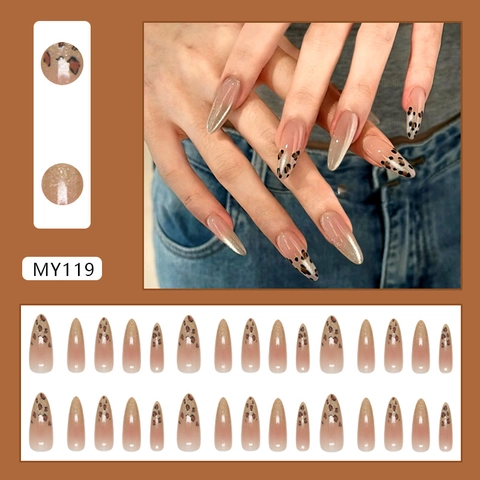 Uñas Postizas Almendra Larga Estampado Leopardo Ojo De Gato Nude Marrón ABS Brillante Moda Uñas Artificiales