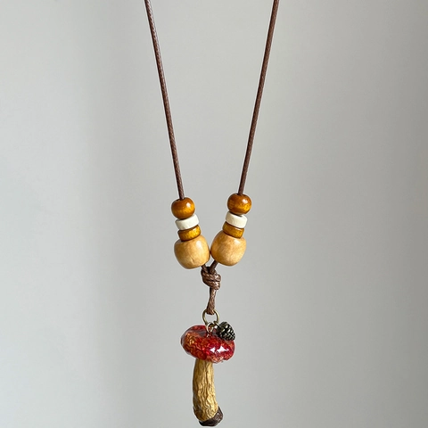Mushroom Pendant Necklace With Wood Beads And Metal Pinecone Handmade Forest Style Adjustable For Women