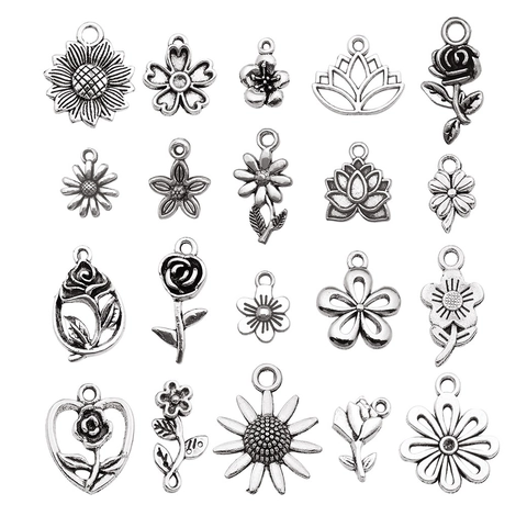 Colgantes De Flores Vintage Plata Antigua Aleación De Zinc Girasol Rosa Loto Charms Para DIY Collar Pulsera Joyería