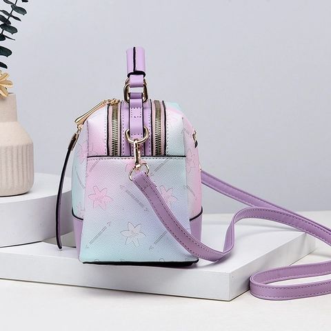 Women Gradient Color Floral Print PU Leather Shoulder Bag Double Zipper Multi Compartment Crossbody Handbag Sweet
