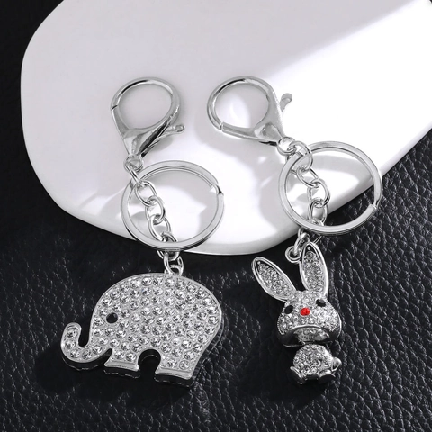 Porte-Clés Animal Strass Éléphant Lapin Alliage Zinc Cristal Charme Sac Accessoire Voiture Mignon Luxe Pour Femme