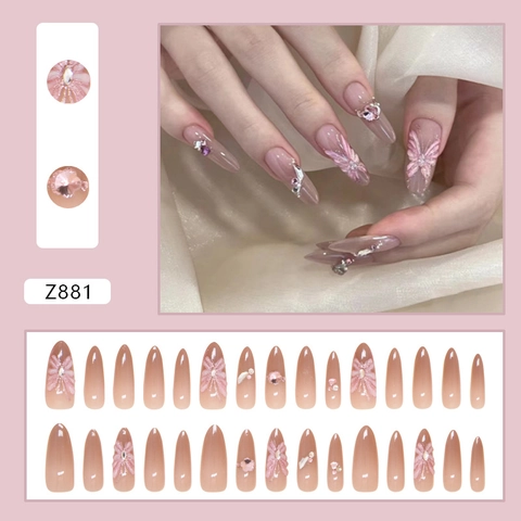 3D Vlinder Press On Nagels Lange Stiletto Verloop Roze Strass Valse Nagels Kunstmatige Nail Art