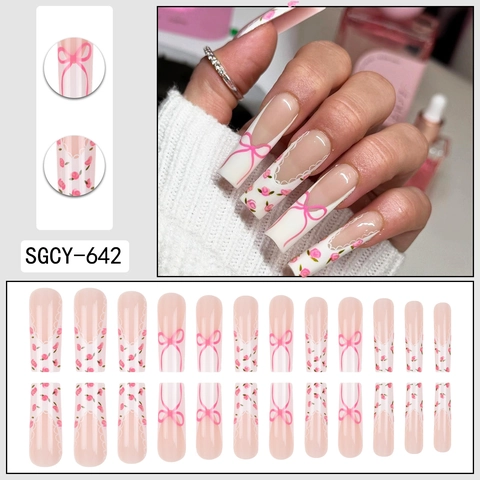 Faux Ongles Nœud Rose Motif Rose Floral Forme Cercueil Longue Pointe Française Dentelle Style Doux Pour Femmes
