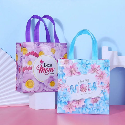 Mother's Day Gift Bags Non-woven Laminated Fabric Tote Reusable Floral Pattern Present Wrap For Mom