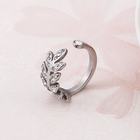 Anillo Ajustable Abierto de Hoja de Acero Inoxidable Minimalista Mujer Dulce Geométrico Circonia Incrustada Joyería de Rama de Olivo