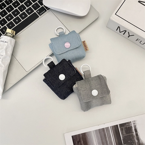 Mini Denim Earphone Case Portable Canvas Pouch With Snap Button And Keychain Hook For Wireless Earbuds Flip Cover