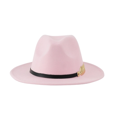Elegant Wide Brim Fedora Hat Polyester Felt Vintage Jazz Style With Black Belt And Gold Metal Leaf Accessory For Adults