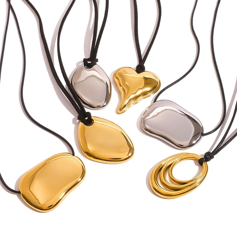Collar Con Colgante Geométrico Irregular De Acero Inoxidable Impermeable Hipoalergénico Cuerda De Cera Negra Minimalista