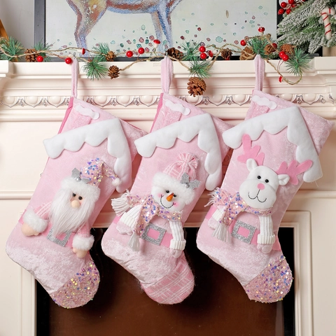 Pink Christmas Stocking Hanging Gift Bag Sequin Plush Velvet Santa Snowman Reindeer Cartoon Character Holiday Decoration