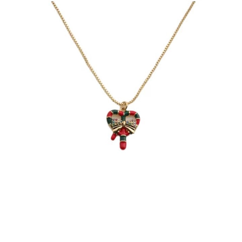 Collier Pendentif Cœur Canne En Sucre De Noël Cuivre Plaqué Or Émail Rouge Vert Zircon Noeud Bijoux Festifs