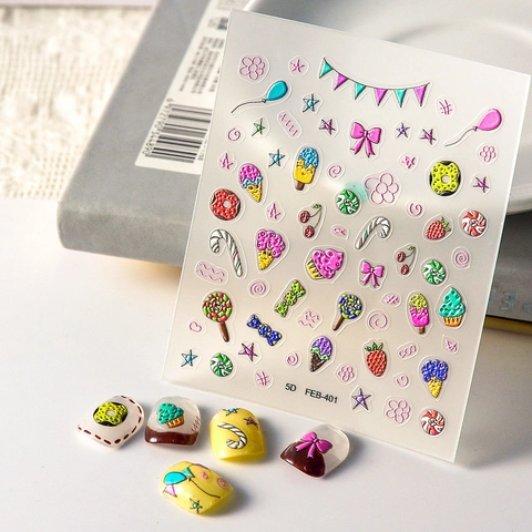 5D Embossed Nail Art Stickers Cute Ice Cream Donut Dessert Waterproof Self Adhesive Decals Manicure Decoration For Women