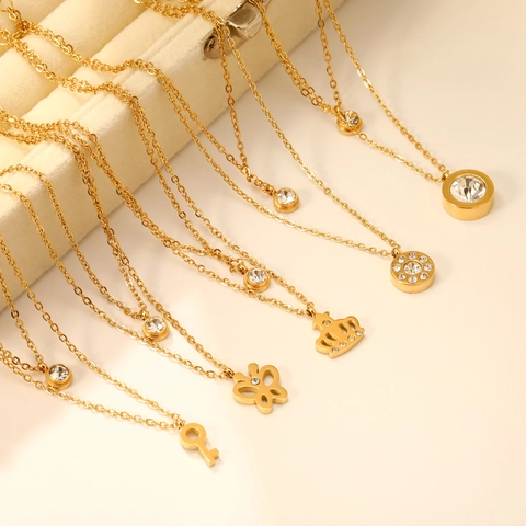 Collier Pendentif Multicouche Acier Inoxydable Zircone Cubique Minimaliste Coeur Croix Arbre De Vie Bijoux Pour Femme