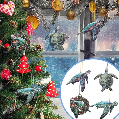 Sea Turtle Christmas Ornaments Acrylic Flat Hanging Decoration For Car Rearview Mirror Ocean Starry Sky Theme Holiday Decor