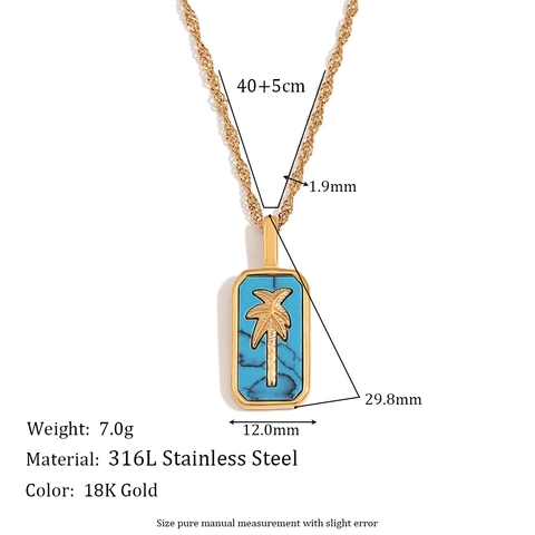 Tropisches Schmuckset Edelstahl Vergoldet Palme Rechteck Anhänger Halskette Und Ring Sommer Strand Accessoires Damen