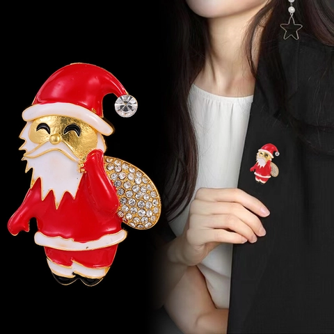 Vintage Goldene Legierung Emaille Weihnachtsmann Brosche Mit Strasssteinen Rot Weiß Weihnachten Festliche Brosche Anstecknadel Damen Schmuck