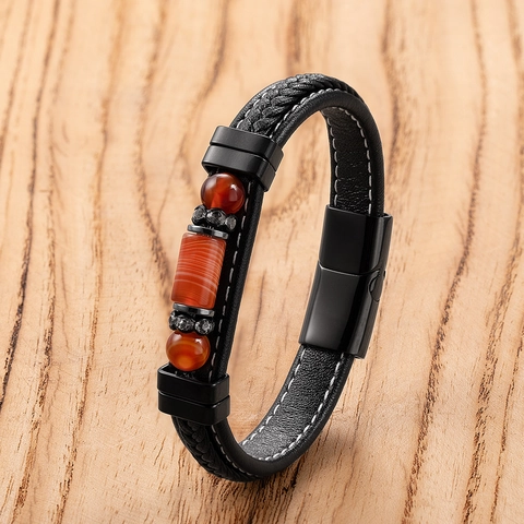 Herren Geflochtenes Lederarmband Mit Naturstein Achat Tigerauge Edelstahl Magnetverschluss Vintage Handgefertigt